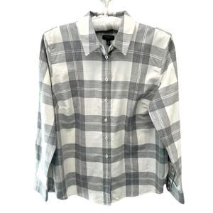 TALBOTS Petite Gray White Plaid Button Down Shirt Cotton Metallic | Medium